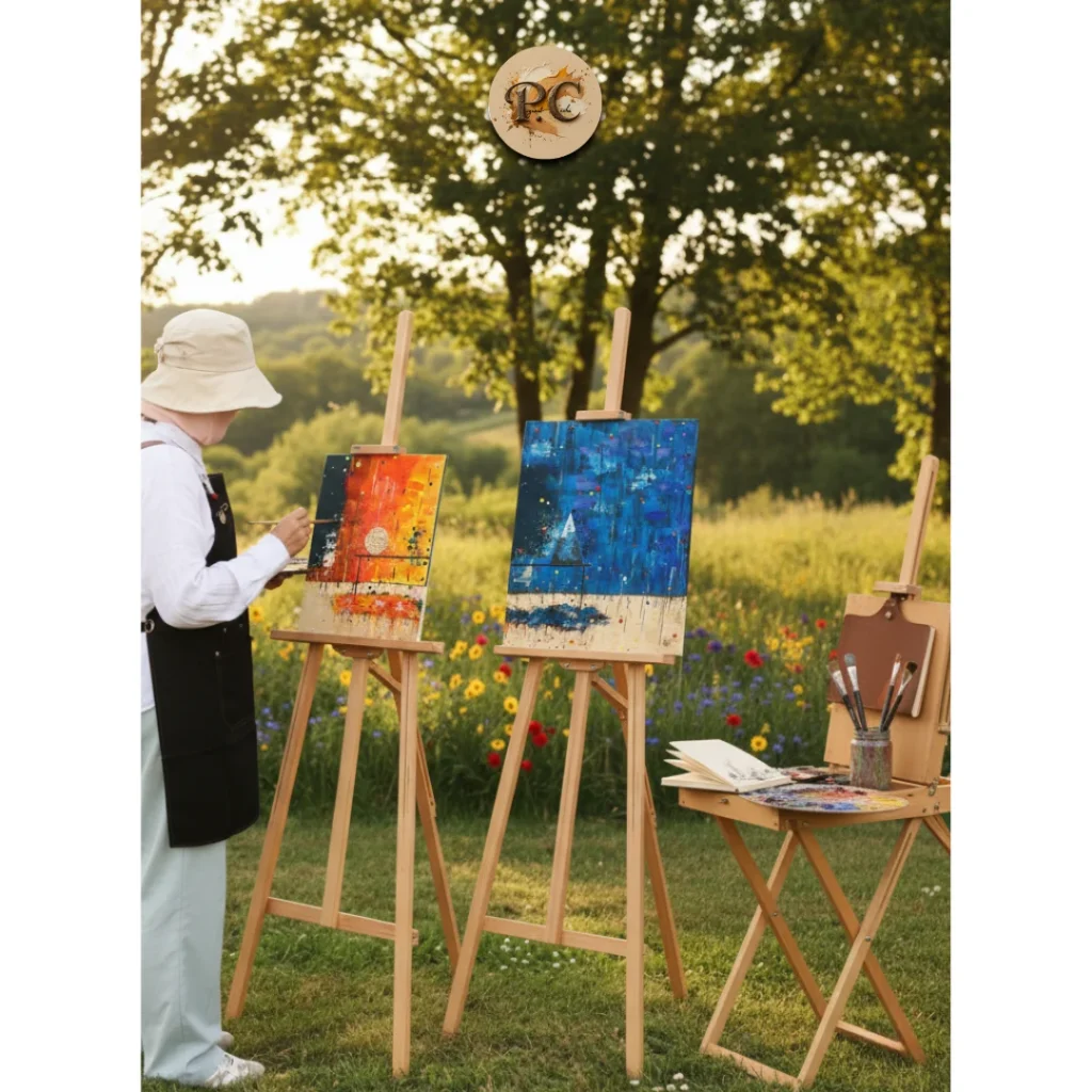 L’artiste peignant en plein air, devant les toiles d’Union sur chevalet